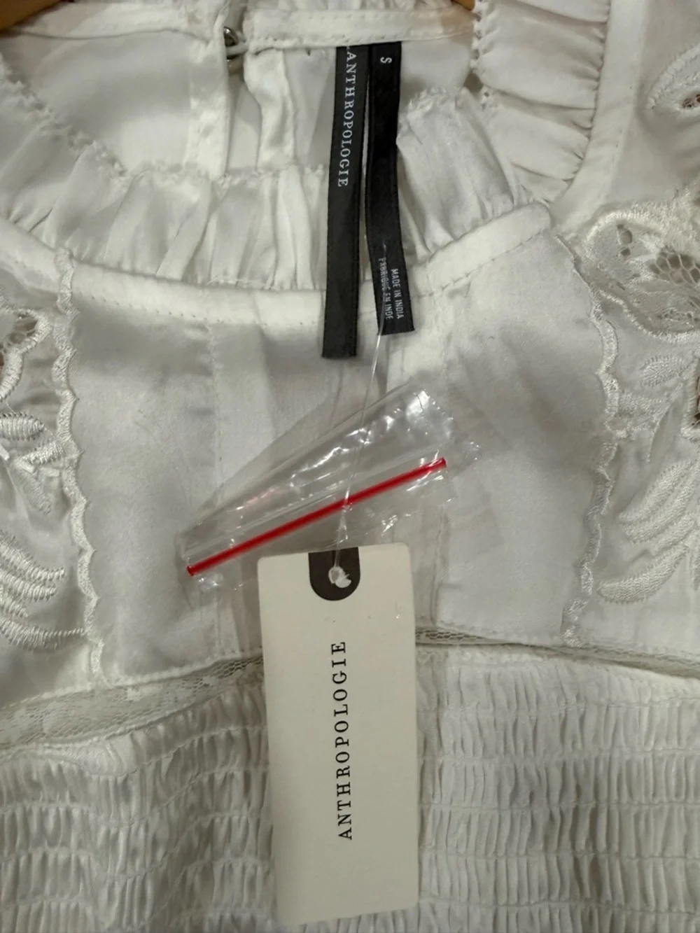Anthropologie White Smocked Peplum Blouse with Lace Insets